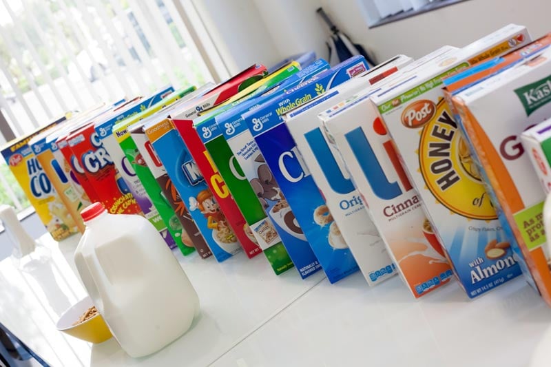Cereal boxes in a neat row