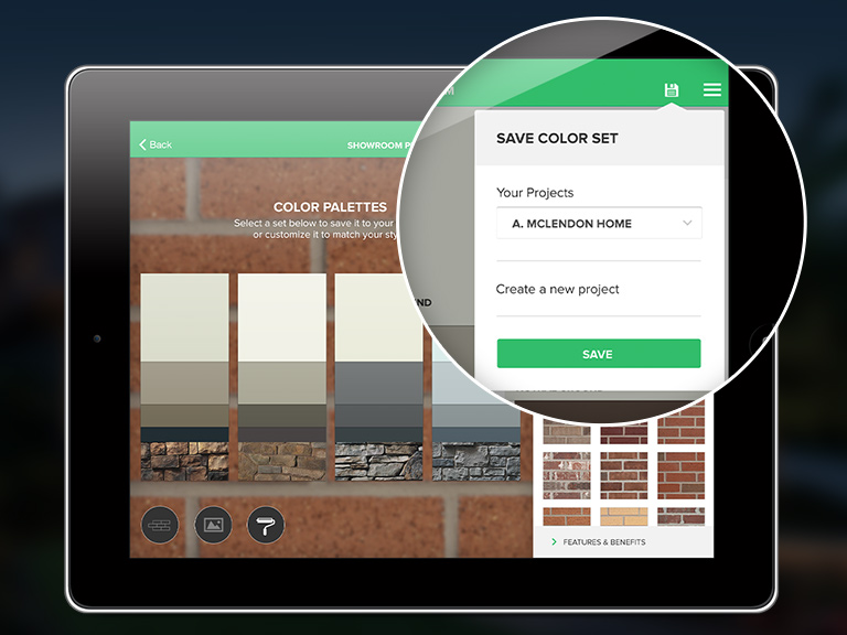 Image showing the ability to save color sets using the Boral Brick app